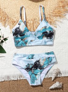 Conjunto de bikini con estampado de mármol para niña preadolescente, para la playa de verano - Azul - Ver 1