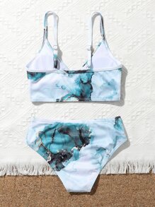 Conjunto de bikini con estampado de mármol para niña preadolescente, para la playa de verano - Azul - Ver 2