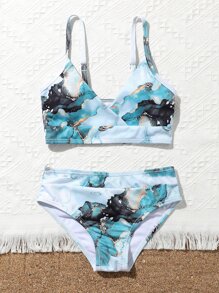 Conjunto de bikini con estampado de mármol para niña preadolescente, para la playa de verano - Azul - Ver 4