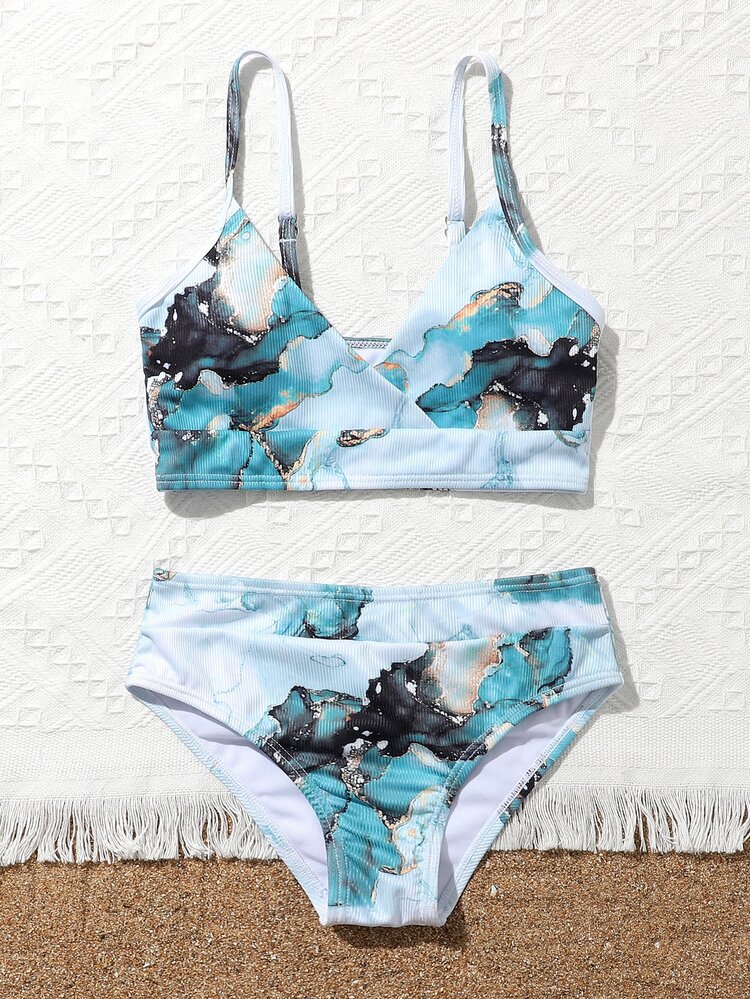 Tween Girl Marble Print Bikini Set Summer Beach - Blue - View 4
