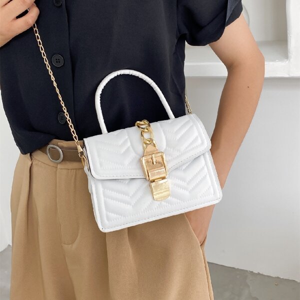 

Quilted Chain Satchel Bag, White