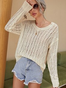SHEIN Jersey de hombros caídos tejido abierto - Beis - Ver 3