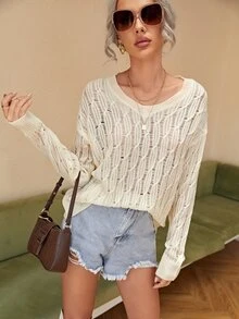 SHEIN Jersey de hombros caídos tejido abierto - Beis - Ver 4