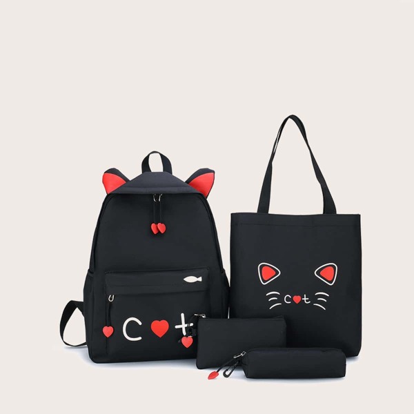 

4pcs Cartoon Graphic Bag Set, Black