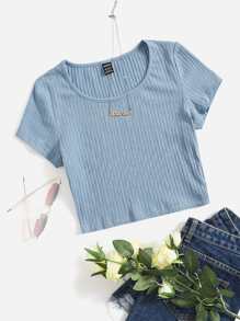 SHEIN EZwear Solid Rib-knit Top - Dusty Blue - View 1