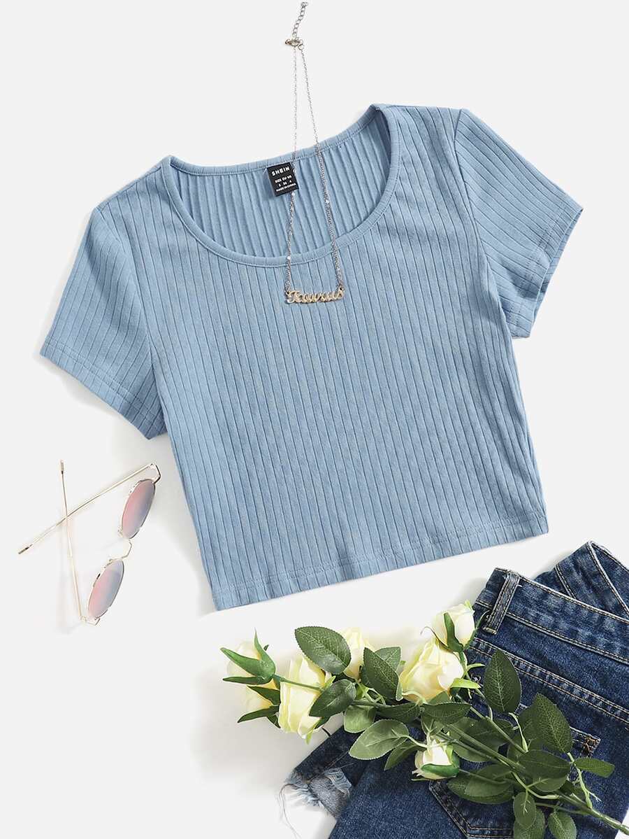 SHEIN EZwear Solid Rib-knit Top - Dusty Blue - View 1