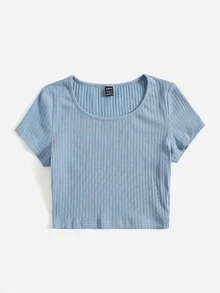 SHEIN EZwear Solid Rib-knit Top - Dusty Blue - View 3