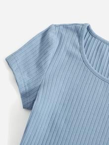 SHEIN EZwear Solid Rib-knit Top - Dusty Blue - View 4