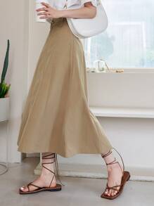DAZY 素色高腰傘狀短裙 - 卡其色 - 查看 2