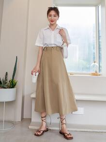 DAZY 素色高腰傘狀短裙 - 卡其色 - 查看 5