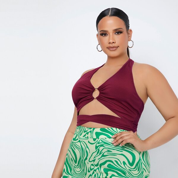 

Plus O-ring Cut Out Halter Top, Maroon