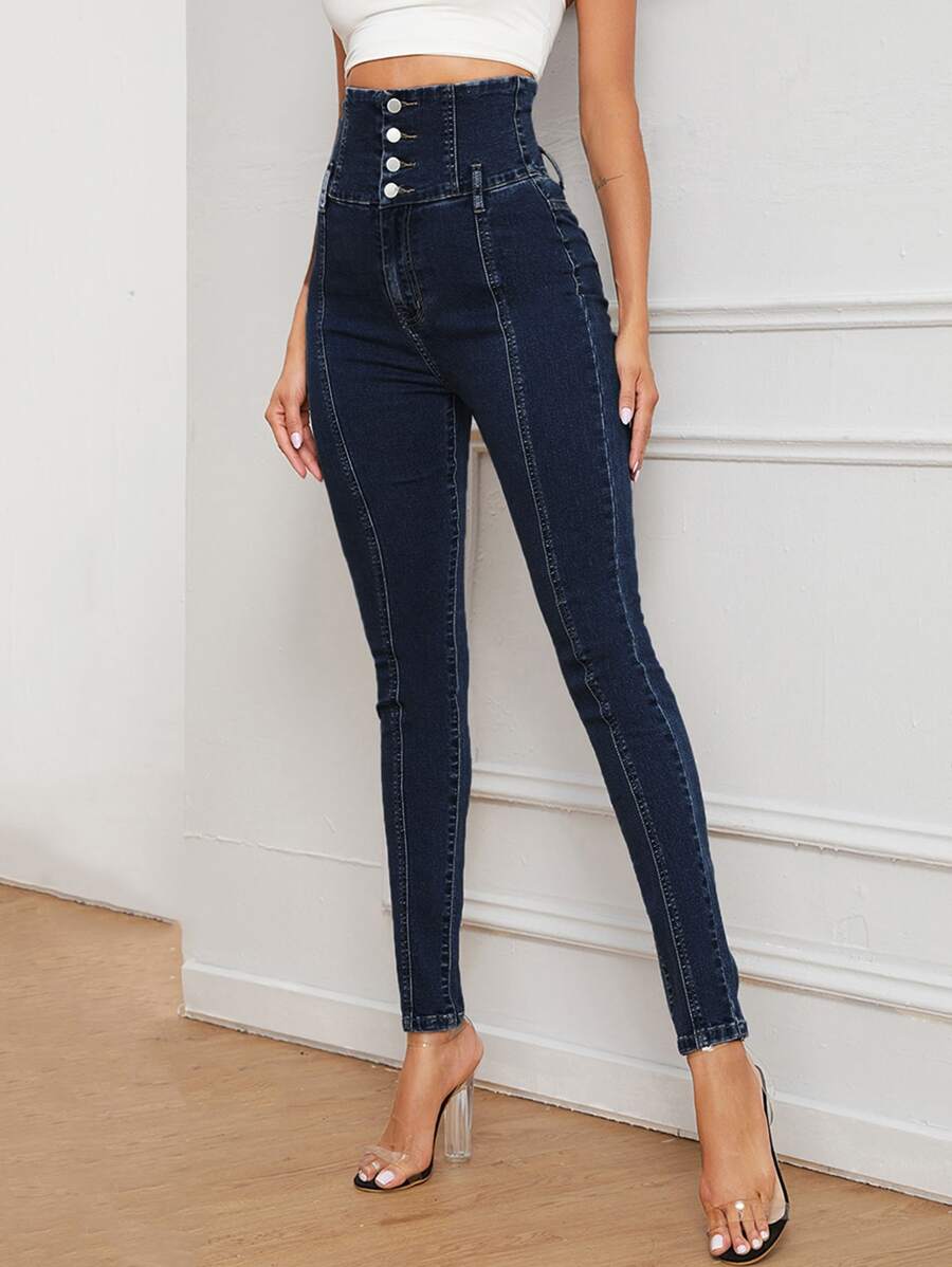 SHEIN Essnce Jean Tombol Kantong Tombol Depan Plain - Dark Wash - View 1