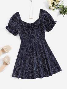 Dreamara Plus Polka Dot Flounce Sleeve Dress - Navy Blue - View 1