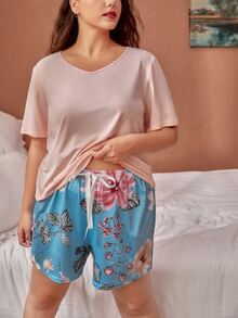 大碼素色T恤和印花前打結短褲睡衣套裝 - 彩色 - 查看 3