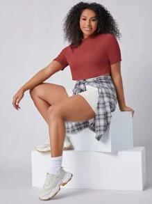 SHEIN Plus Mock-Neck Crop Top - Redwood - View 1