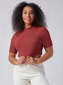 SHEIN Plus Mock-Neck Crop Top - Redwood - View 5