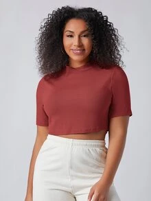 SHEIN Plus Mock-Neck Crop Top - Redwood - View 6