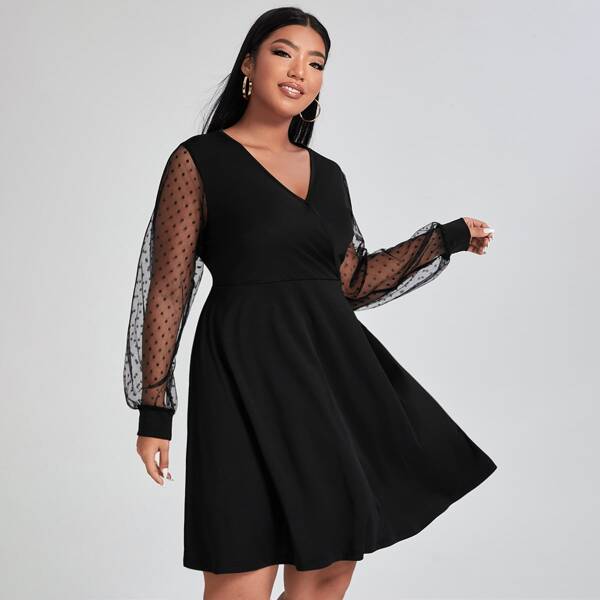 

Plus Contrast Dobby Mesh A-Line Dress, Black