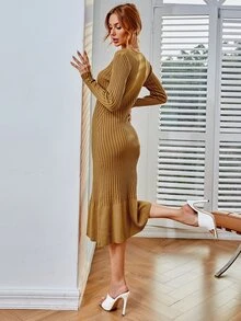 Vestido suéter tejido de canalé  bajo de cola de pez - Camel - Ver 2
