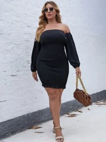 Plus Off Shoulder Shirred Frill Trim Bodycon Dress - Black - View 1