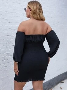 Plus Off Shoulder Shirred Frill Trim Bodycon Dress - Black - View 2