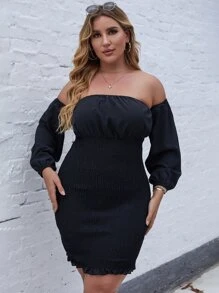 Plus Off Shoulder Shirred Frill Trim Bodycon Dress - Black - View 3