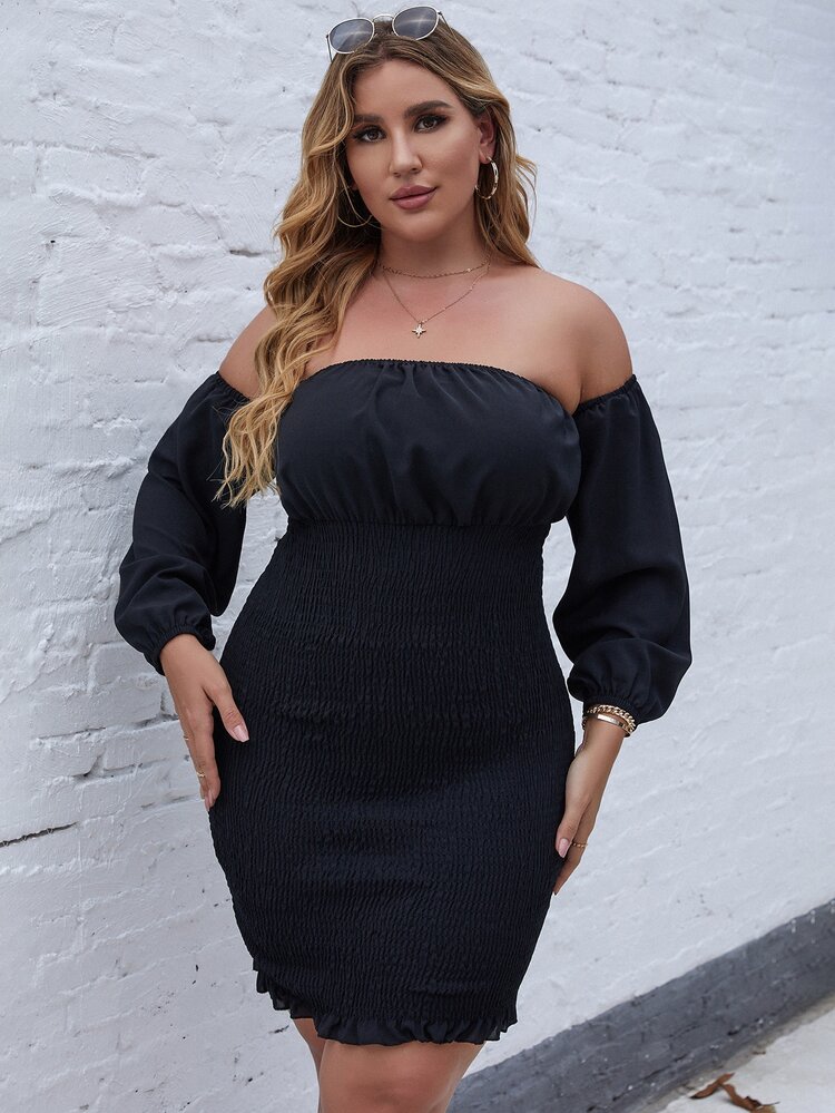 Plus Off Shoulder Shirred Frill Trim Bodycon Dress - Black - View 3