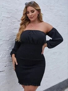 Plus Off Shoulder Shirred Frill Trim Bodycon Dress - Black - View 4
