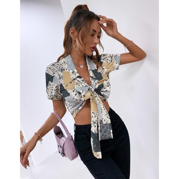 

Floral Print Tie Front Top, Multicolor