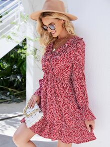 Ditsy Floral Print Ruffle Trim Flounce Sleeve Dress - Burgundy - View 1