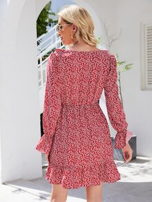 Ditsy Floral Print Ruffle Trim Flounce Sleeve Dress - Burgundy - View 2