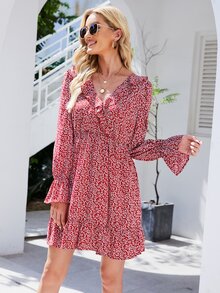 Ditsy Floral Print Ruffle Trim Flounce Sleeve Dress - Burgundy - View 4