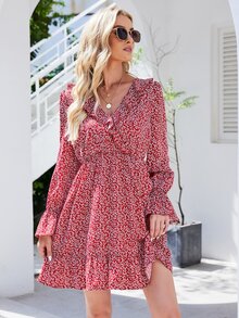 Ditsy Floral Print Ruffle Trim Flounce Sleeve Dress - Burgundy - View 5