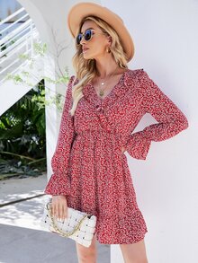 Ditsy Floral Print Ruffle Trim Flounce Sleeve Dress - Burgundy - View 6