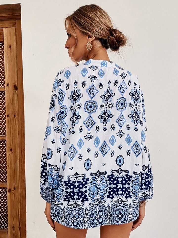 Geo Print Notched Neck Blouse | SHEIN 