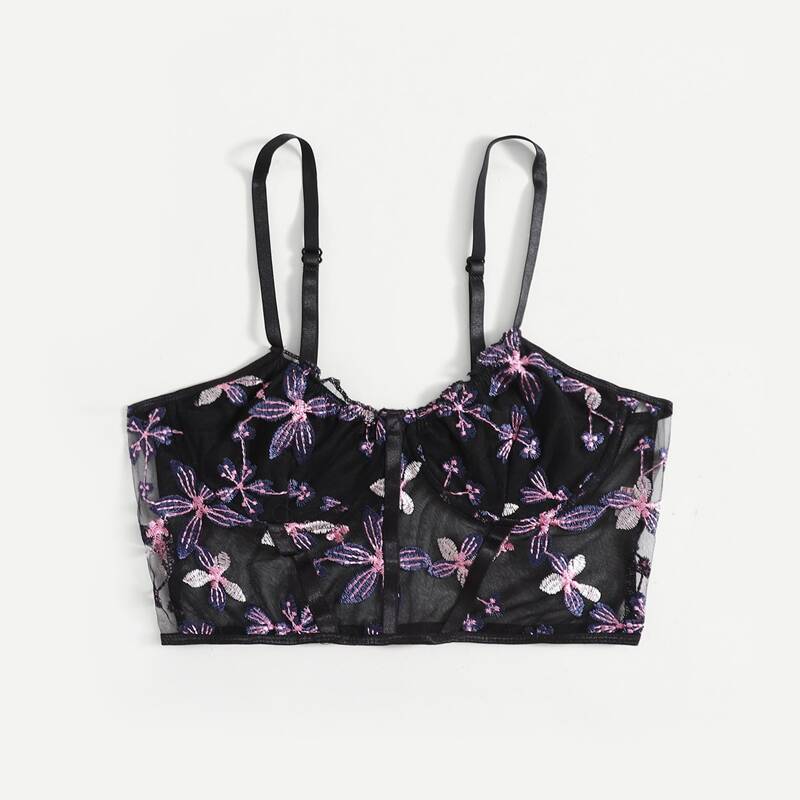 

Floral Embroidery Cami Top, Black