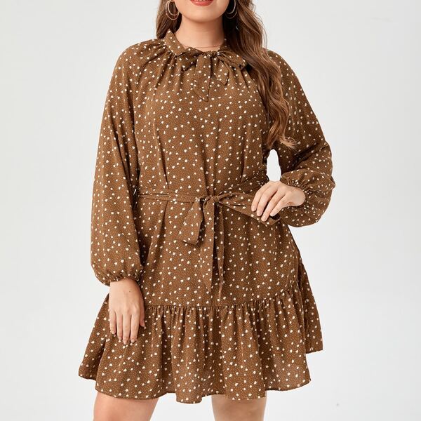 

Plus Tie Neck Ditsy Floral Ruffle Hem Belted Dress, Brown