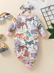 Baby Animal And Plants Print Jumpsuit - Multicolor - View 1