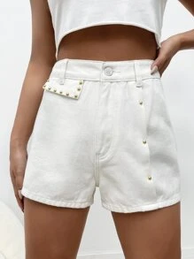 Shorts unicolor con cuenta con remache - Blanco - Ver 1