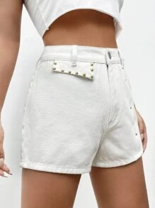 Shorts unicolor con cuenta con remache - Blanco - Ver 3