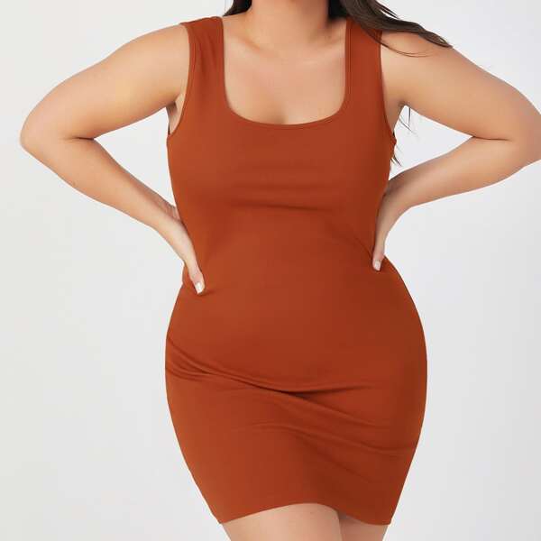 

Plus Solid Bodycon Dress, Rust brown