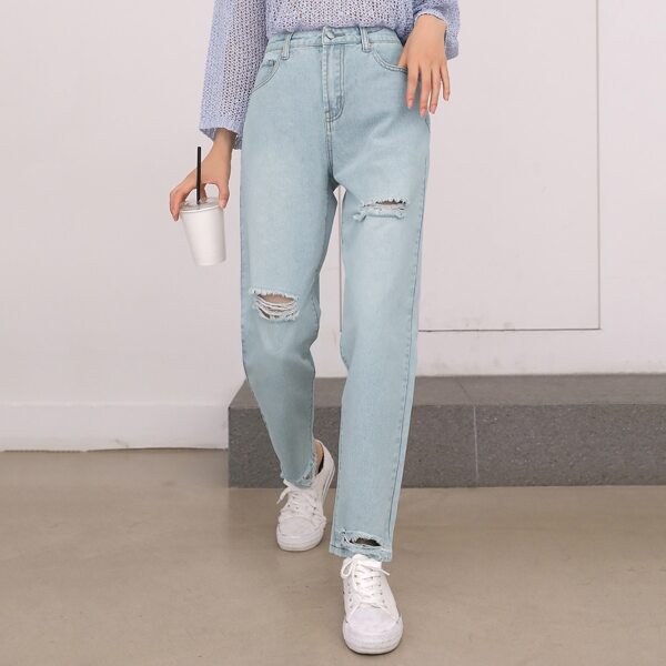 

Ripped Straight Leg Jeans, Light wash