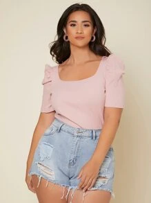 SHEIN Privé Plus Ribbed Knit Scoop Neck Puff Sleeve Tee - Dusty Pink - View 1