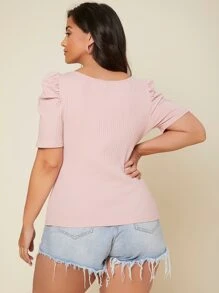 SHEIN Privé Plus Ribbed Knit Scoop Neck Puff Sleeve Tee - Dusty Pink - View 2