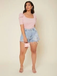 SHEIN Privé Plus Ribbed Knit Scoop Neck Puff Sleeve Tee - Dusty Pink - View 3