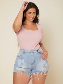SHEIN Privé Plus Ribbed Knit Scoop Neck Puff Sleeve Tee - Dusty Pink - View 4