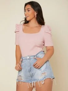 SHEIN Privé Plus Ribbed Knit Scoop Neck Puff Sleeve Tee - Dusty Pink - View 6