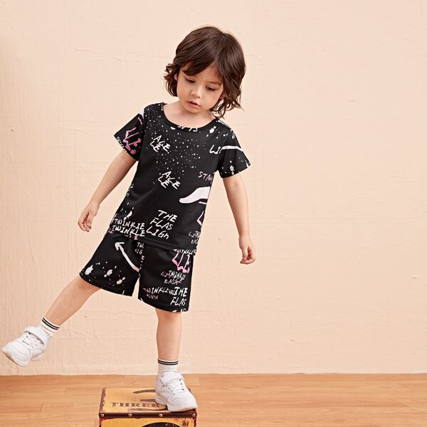 

Toddler Boys Letter Graphic Tee & Track Shorts, Black