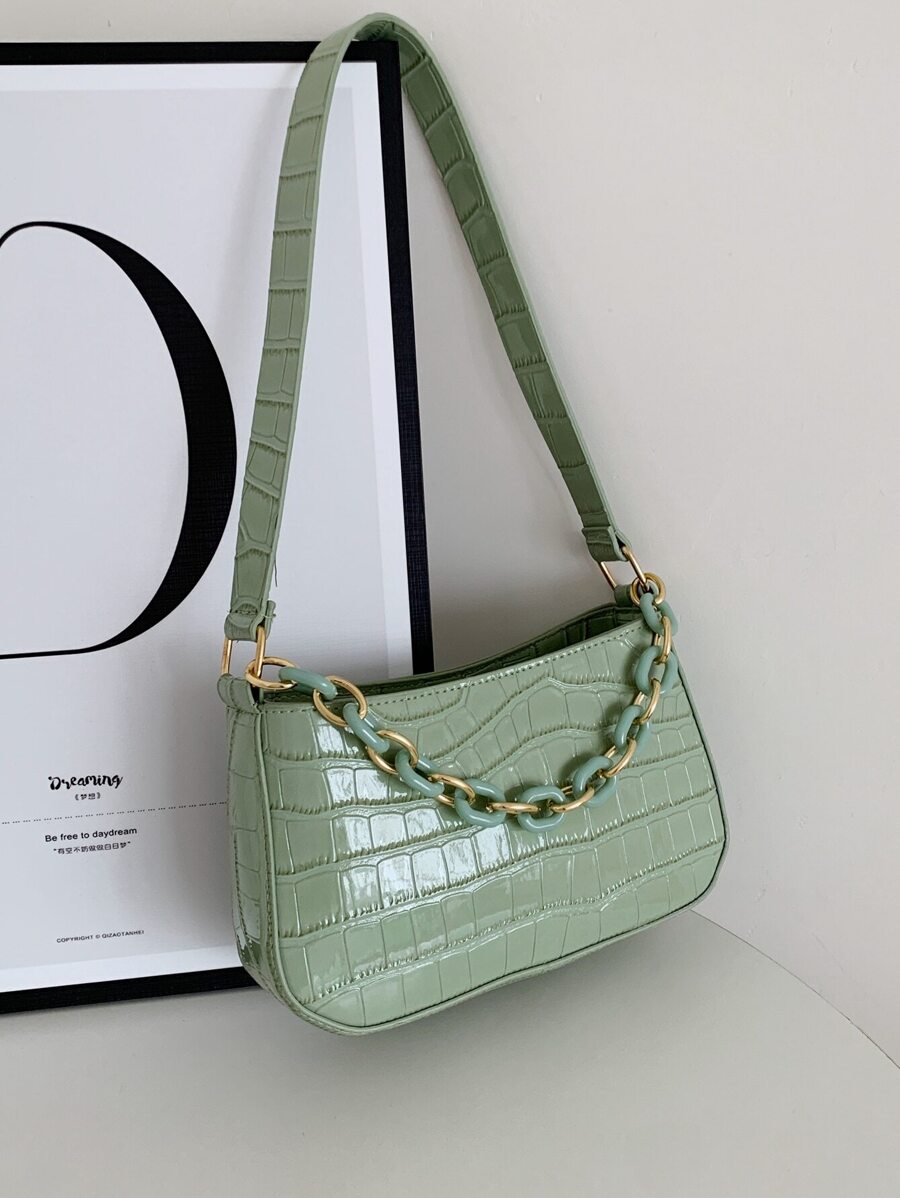 Fashionable Versatile Crocodile Embossed Solid Color Handbag & Shoulder Bag - Green - View 1
