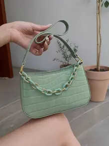 Fashionable Versatile Crocodile Embossed Solid Color Handbag & Shoulder Bag - Green - View 2